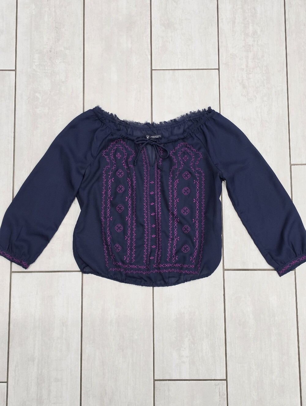 AMERICAN EAGLE Navy Blue Embroidered Boho Peasant Blouse Top